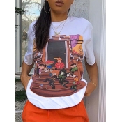 LW COTTON Casual Cartoon Print White T-shirt