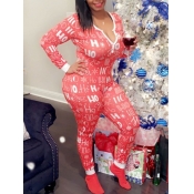 Lovely Home Style V Neck Letter Print Red Sleepwea