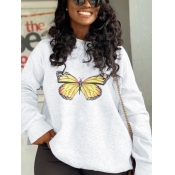 Lovely Casual O Neck Butterfly Print White Plus Si
