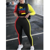 LW Casual Letter Print Patchwork Black Two Piece P