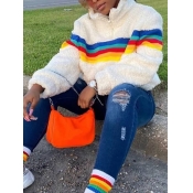 Lovely Casual Zipper Striped Patchwork White Hoodi