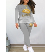 Lovely Casual Lip Print Gradual Grey Two Piece Pan