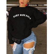 Lovely Casual O Neck Letter Print Black Plus Size 