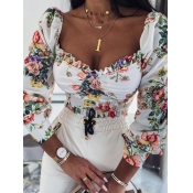 Lovely Sweet Floral Print White Blouse
