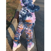 Lovely Street Broken Holes Tie-dye Deep Blue Jeans