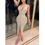 Lovely Sexy High Slit Sequined Backless Apricot An
