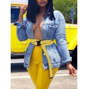 Lovely Trendy Turndown Collar Pocket Patched Blue 