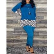 Lovely Casual O Neck Striped Patchwork Blue Two Pi