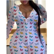 Lovely Casual V Neck Butterfly Print White Plus Si