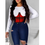 Lovely Sweet Plaid Print Patchwork Red T-shirt
