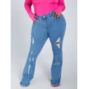 Lovely Casual Broken Holes Blue Plus Size Jeans
