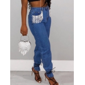 Lovely Stylish Tassel Design Deep Blue Jeans
