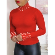 LW Street Turtleneck Pearl Decorative Red T-shirt