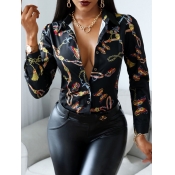 Lovely Street Turndown Collar Print Black Blouse