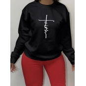 Lovely Casual O Neck Letter Print Black Plus Size 