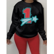Lovely Casual O Neck Star Print Black Hoodie