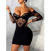 LW Sexy V Neck Off The Shoulder Lace Patchwork Bla