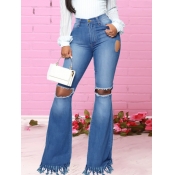Lovely Street Broken Holes Tassel Design Blue Jean