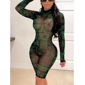 Lovely Sexy See-through Print Patchwork Black One-