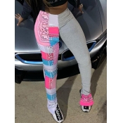 Lovely Street Print Patchwork Side Slit Grey Pants