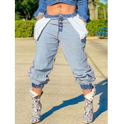 Lovely Leisure Mid Waist Button Design Blue Jeans