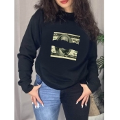 Lovely Casual Money Print Patchwork Black Hoodie