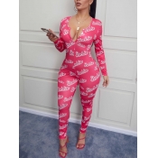 Lovely Stylish Letter Print Rose Red One-piece Jum
