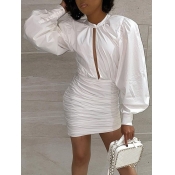 Lovely Trendy O Neck Fold Design White Mini Dress