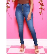 Lovely Casual High-waisted Button Design Blue Jean