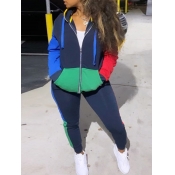 LW Hooded Collar Color-lump Stitching Royalblue Tr