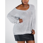 Lovely Casual V Neck Hollow-out Grey Plus Size Swe