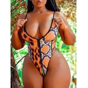 LW Casual Leopard Print Patchwork Orange One-piece