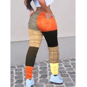 Lovely Casual Mid Waist Plaid Patchwork Yellow Pan