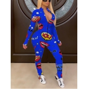 Lovely Casual Mandarin Collar Print Blue One-piece