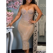 Lovely Sexy Spaghetti Strap Sequined Apricot Mid C