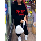 Lovely Casual Letter Print Kangaroo Pocket Black T