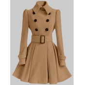 Lovely Trendy Button Fold Design Khaki Woolen Coat