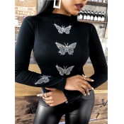 Lovely Chic Sequined Butterfly Decoration Black T-