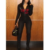 LW Casual Hooded Collar Letter Print Black One-pie