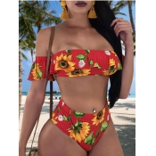 Lovely Sexy Floral Print Flap Over Red Two-piece S