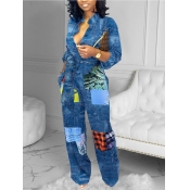 Lovely Casual Mandarin Collar Print Patchwork Blue