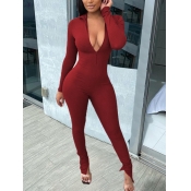Lovely Sexy Deep V Neck Wine Red One-piece Jumpsui