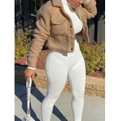 Lovely Casual Long Sleeve Button Design Khaki Faux