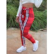 Lovely Casual Plaid Print Patchwork Red Pants