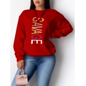 Lovely Casual O Neck Letter Print Red Hoodie