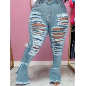 Lovely Casual Flared Broken Holes Blue Plus Size J