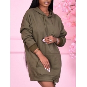 Lovely Casual Kangaroo Pocket Drawstring Army Gree