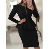 Lovely Formal Zipper Flounce Design Black Two Piec