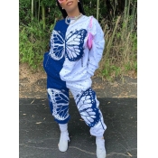 Lovely Street O Neck Butterfly Print Patchwork Blu