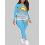 Lovely Casual Lip Print Baby Blue Plus Size Two-pi